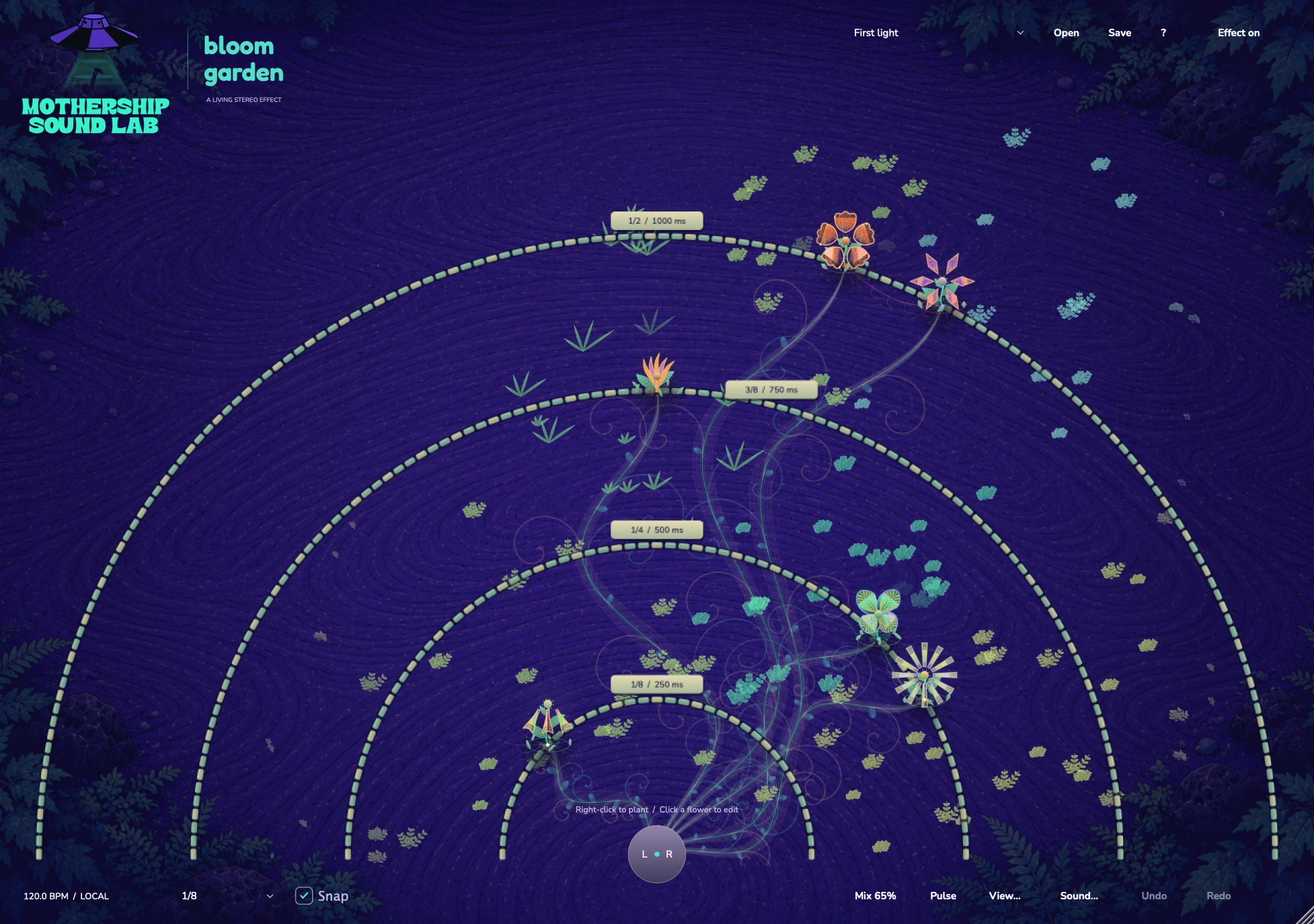 Exoflora with an active flower garden, stereo timing arcs and connected effect paths